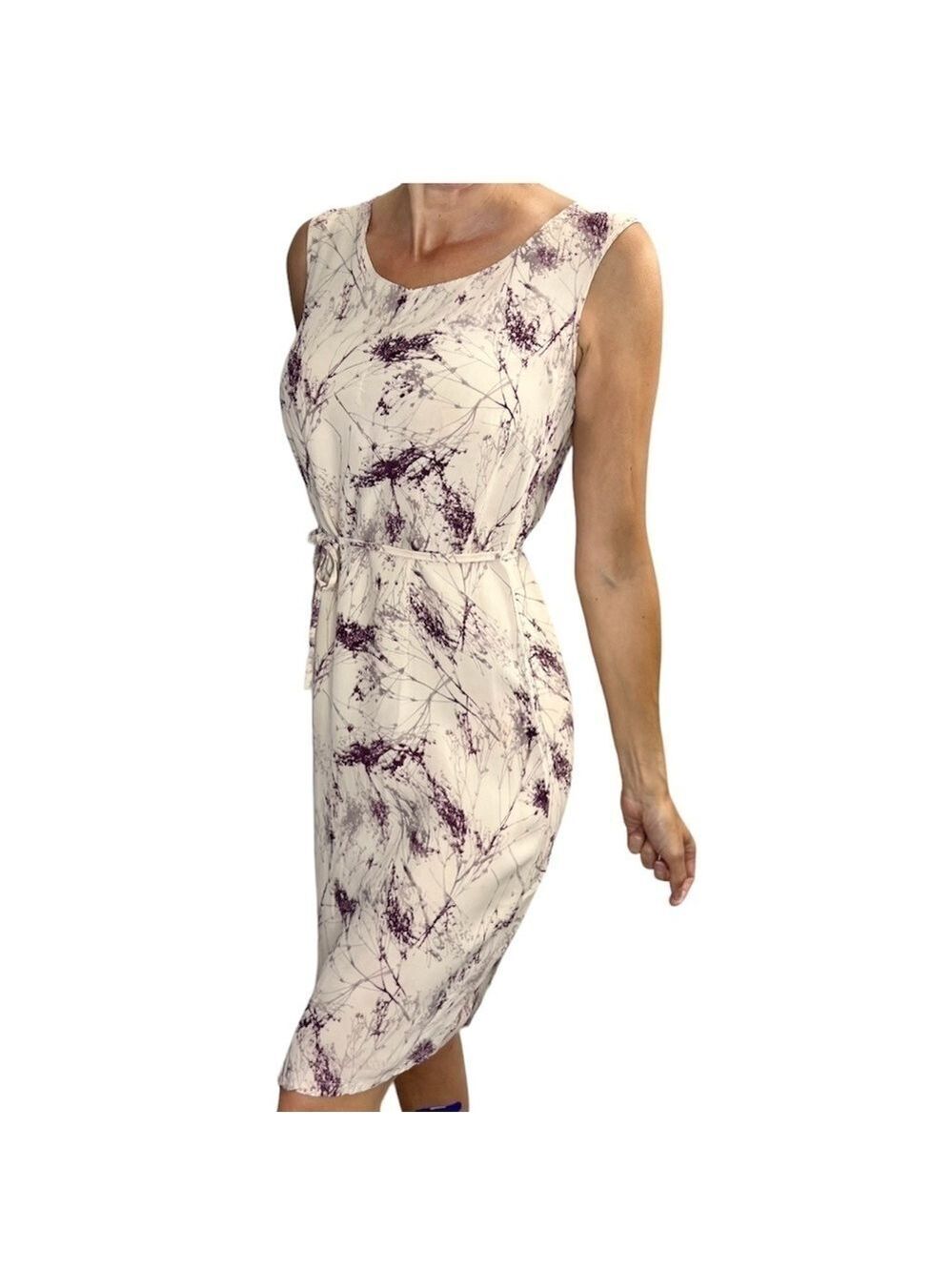 Vintage neutral beige wine abstract print sleeveless belted old money midi dress